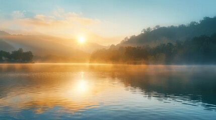 Fototapeta premium Sunrise over tranquil lake nature landscape morning reflection serene environment scenic view peaceful concept for relaxation