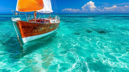 Obraz premium A boat floating in the ocean with a bright orange sail