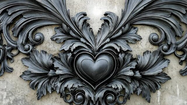 Intricate black decorative relief featuring a heart amidst elaborate foliage details