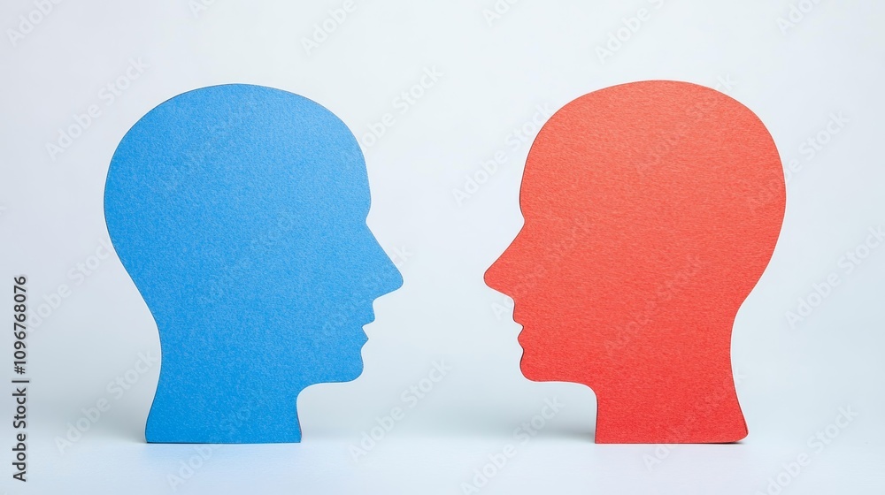 Aufkleber two silhouette heads in contrasting colors represent communication and understanding between differe