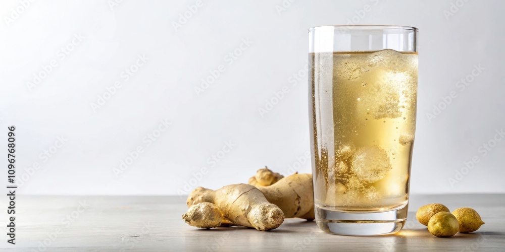 Poster a glass of ginger ale with ice cubes and fresh ginger root on a white background