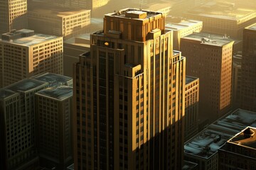 Obraz premium Aerial view of a tall building surrounded by urban architecture at sunset.