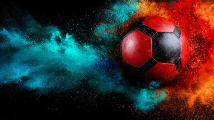 Fototapeta premium A soccer ball is surrounded by colorful powder
