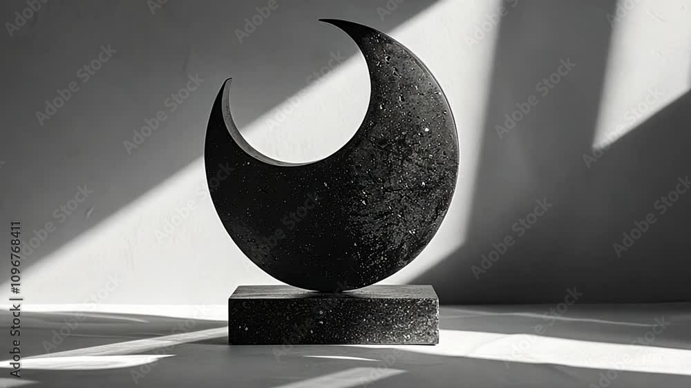 Poster A sleek black crescent moon sculpture rests on a simple base, casting dynamic shadows on a minimalist table, illuminated by soft natural light.