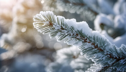 Crystal-Covered Pine Branches in Winter Glow