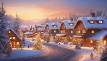 Golden Hour Snowfall Over Holiday Village