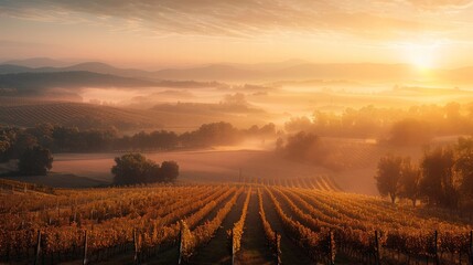 Obraz premium Vineyard sunrise captivating landscape photography in serene nature rolling hills tranquil atmosphere scenic viewpoint