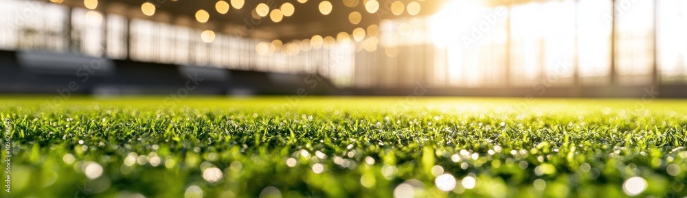 Poster close-up of artificial grass with sunlight filtering through a modern indoor space.