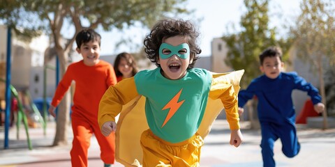 A group of children dressed in superhero costumes are running around a playground. Scene is playful and energetic, as the children are enjoying themselves and engaging in physical activity