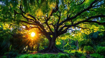 Obraz premium A large tree in the middle of a lush green forest
