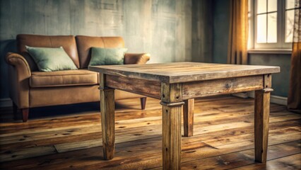 Fototapeta premium Rustic wooden coffee table with a worn finish sits in a living room, a cozy space with soft lighting and a comfortable sofa