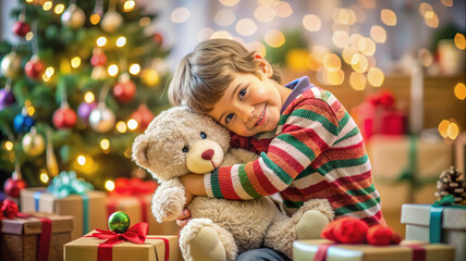 Child embracing teddy bear with Christmas tree backdrop