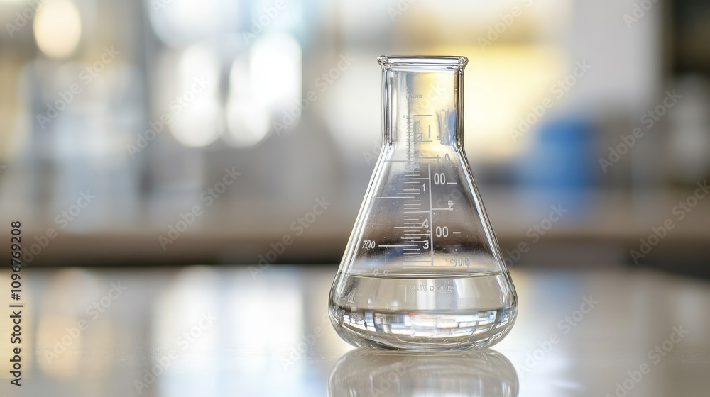 Poster clear flask with liquid in laboratory setting