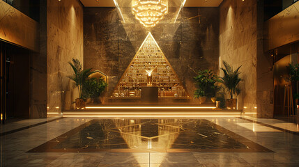 A luxurious Egyptian-inspired foyer with a golden chandelier shaped like a scarab, a carved stone wall panel with hieroglyphics, and a sleek marble floor with pyramid inlays.