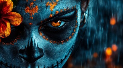 A woman with blue face paint and a flower in her hair