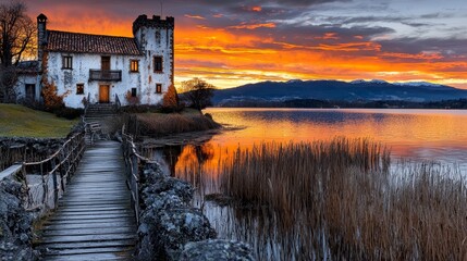 Fototapeta premium A wooden walkway leads to a castle on the shore of a lake
