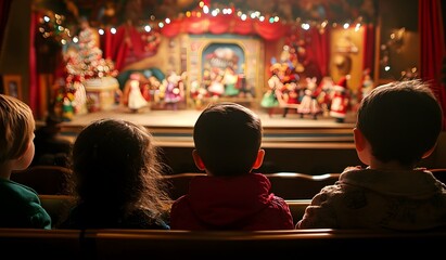 A group of children watching a puppet show in a theater, with Christmas decorations on the stage. The scene is shown from the back of the audience, 