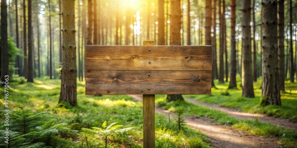 Poster a rustic wooden signpost stands tall in the heart of a lush forest, bathed in the warm glow of the a