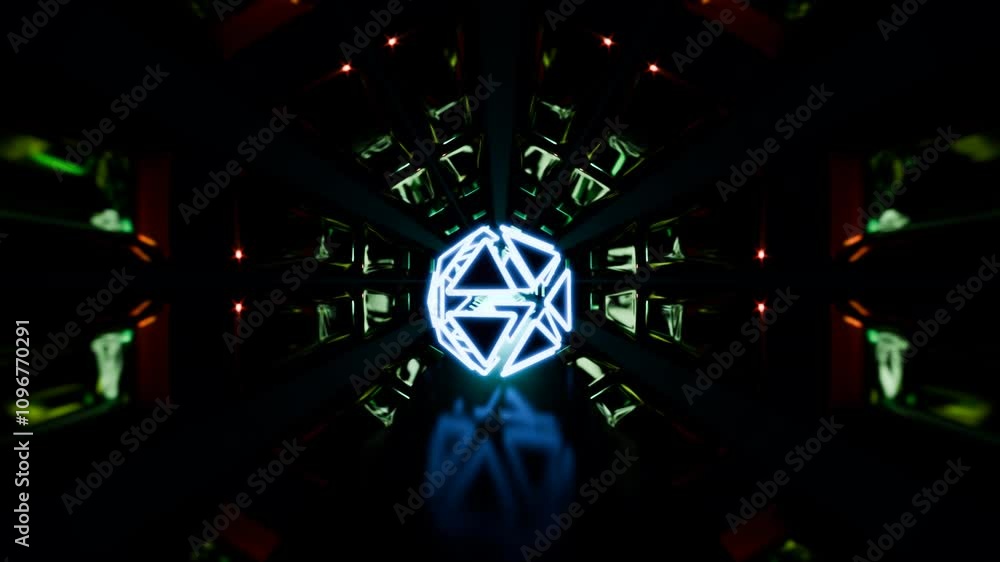 Poster abstract neon geometric sphere in reflective seamless loop tunnel