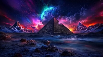 Fototapeta premium A pyramid in the middle of a desert with mountains in the background