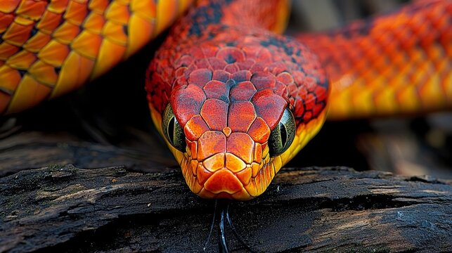 A close up of a red and yellow snake on a log