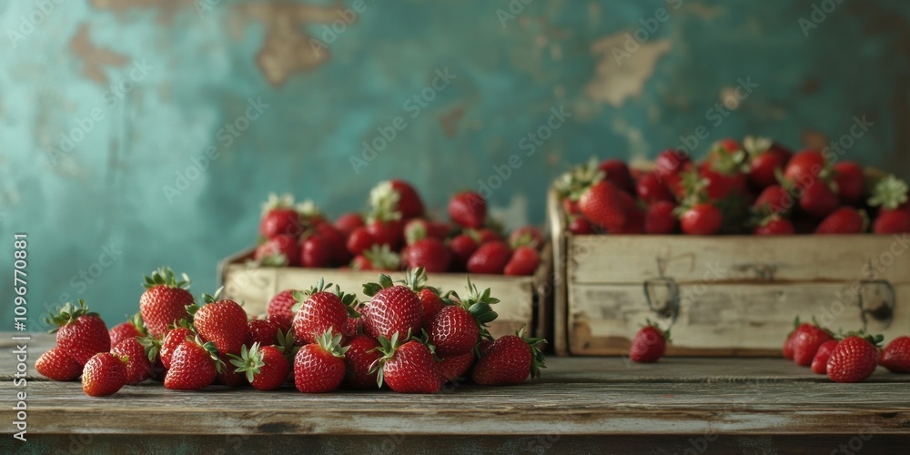 Aufkleber fresh strawberries in wooden crates on a rustic table with a textured background.