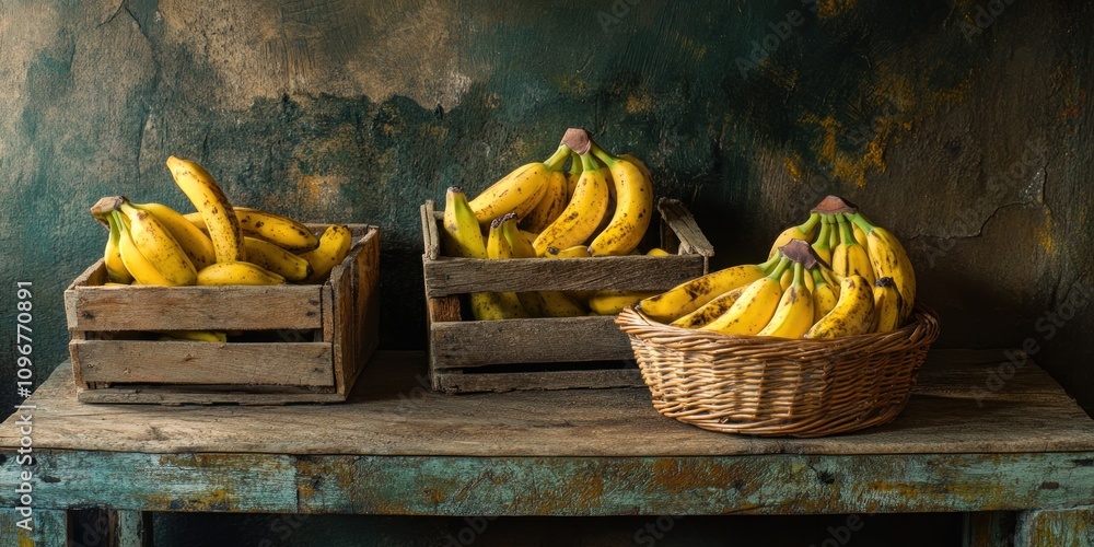 Poster a rustic display of bananas in wooden crates and a basket on a weathered table.
