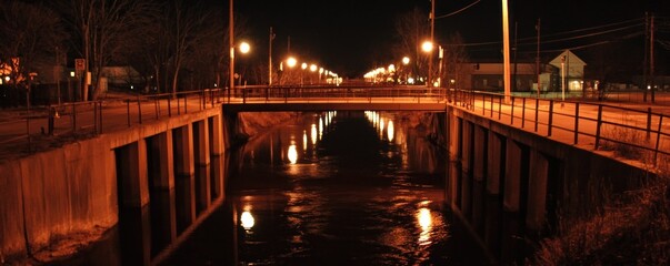 A serene night view of a bridge over a calm waterway, illuminated by streetlights.