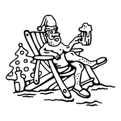 Santa Claus on a deck chair, with a Christmas tree and a glass of foamy beer, celebrates the New Year on a warm beach with sand