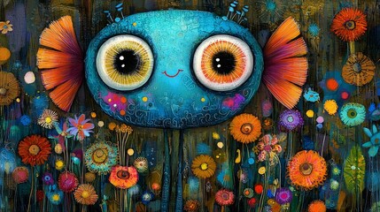 Obraz premium A painting of a blue fish surrounded by flowers