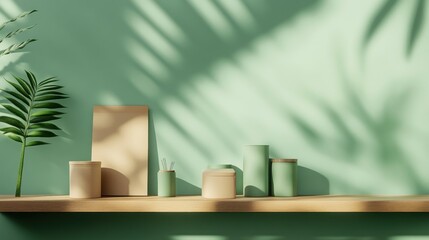 Serene Minimalist Still Life: Wooden Shelf with Green and Beige Containers, Plant, and Shadowy Background