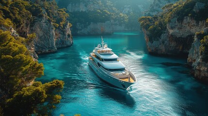 Stunning yacht navigating through crystal-clear waters in a secluded bay surrounded by cliffs in the Mediterranean region