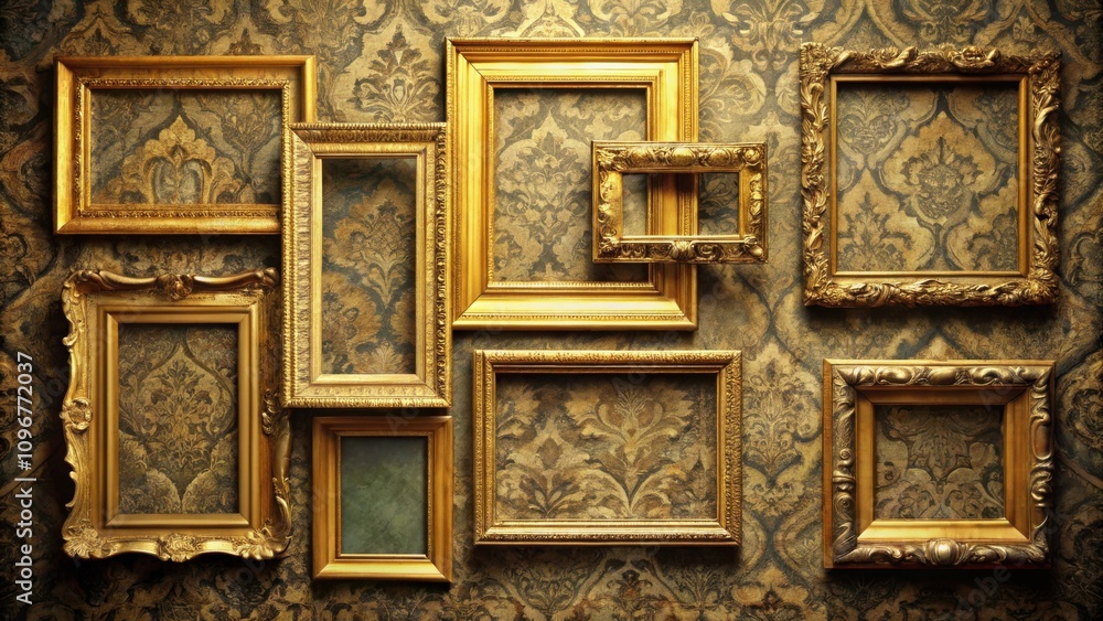 Poster A collection of ornate golden frames arranged in a decorative pattern against a textured background.