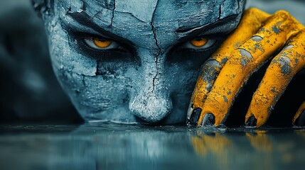  A close up of a woman's face with yellow hands
