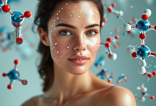 Close up of Radiant Woman with Glowing Molecular Backdrop