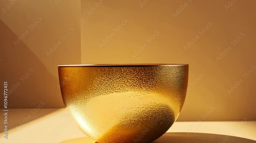 Aufkleber A gold bowl is elegantly positioned on a simple surface, illuminated by soft sunlight, creating an inviting atmosphere with its warm glow and sleek form.