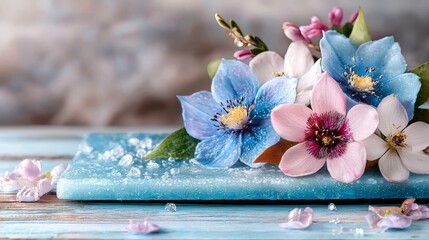 A bunch of flowers sitting on top of a blue plate