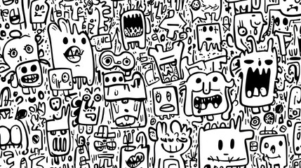 Fototapeta premium Whimsical Doodle World: A playful exploration of expressive characters and quirky forms in a black and white illustration.