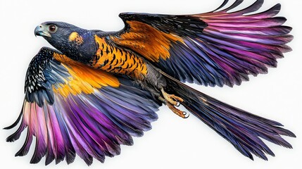 A colorful bird flying through the air with its wings spread