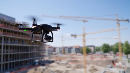 Naklejka premium Drone over construction site. video surveillance or industrial inspection.