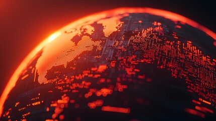 A stylized depiction of Earth illuminated in red hues, showcasing digital patterns and data visuals that symbolize connectivity and technology.