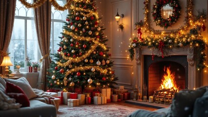 Cozy Christmas living room with a festive mood, featuring a beautifully decorated tree and a warm fireplace backdrop.