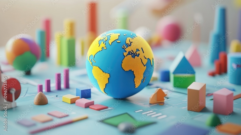 Aufkleber 3D globe surrounded by competitor icons and analysis charts, symbolizing a global market study with in-depth competitor analysis and data.