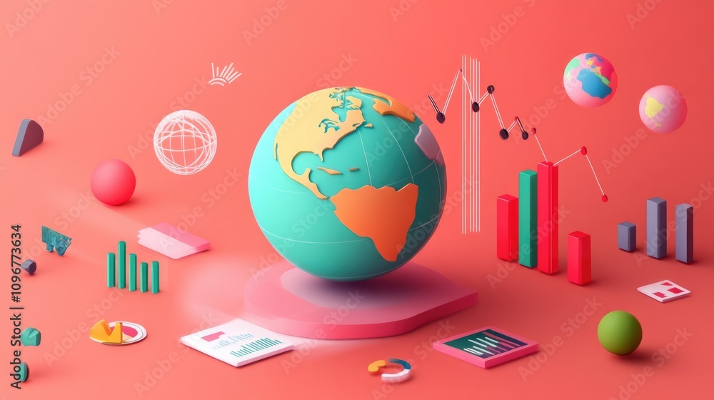 Poster A 3D globe surrounded by data charts and competitor icons, showing an interactive global competitor analysis for business decision-making.