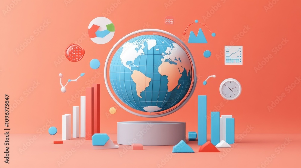 Poster A 3D globe surrounded by data charts and competitor icons, showing an interactive global competitor analysis for business decision-making.