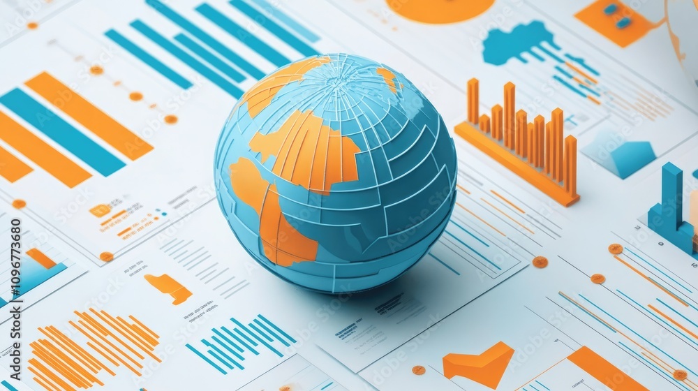 Poster a 3d globe surrounded by data charts and competitor icons, showing an interactive global competitor 