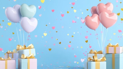 Heart balloons and pastel gifts on blue sky	