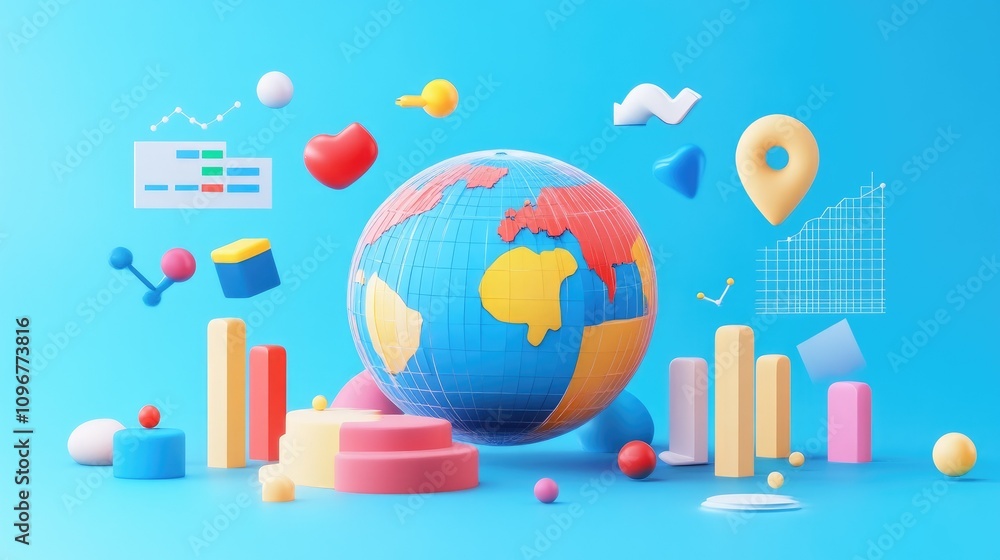 Poster A 3D globe with floating competitor icons and data charts, illustrating the global landscape of competitor analysis and market competition.