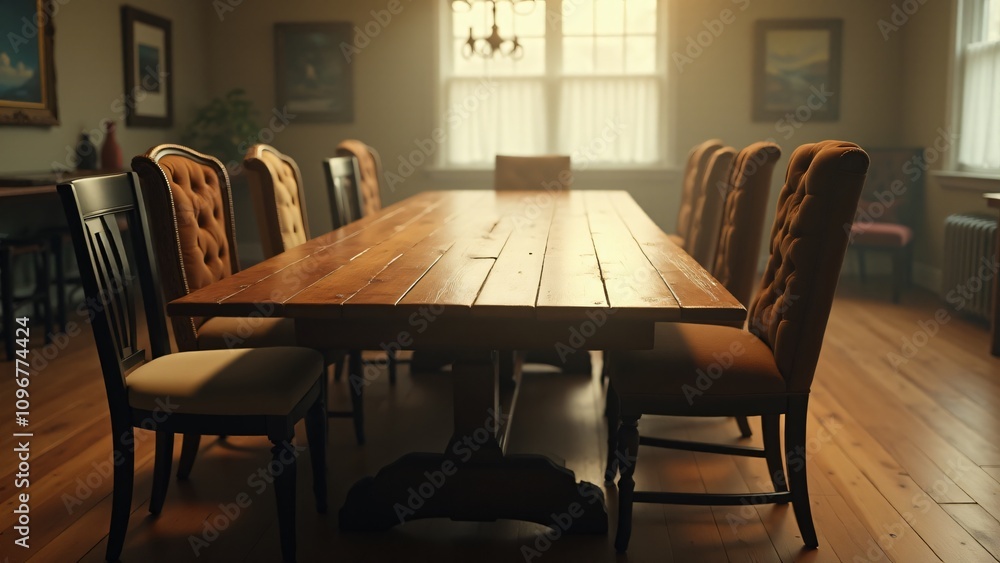Poster a table surrounded by chairs of various designs and sizes, equally positioned, symbolizing inclusivi