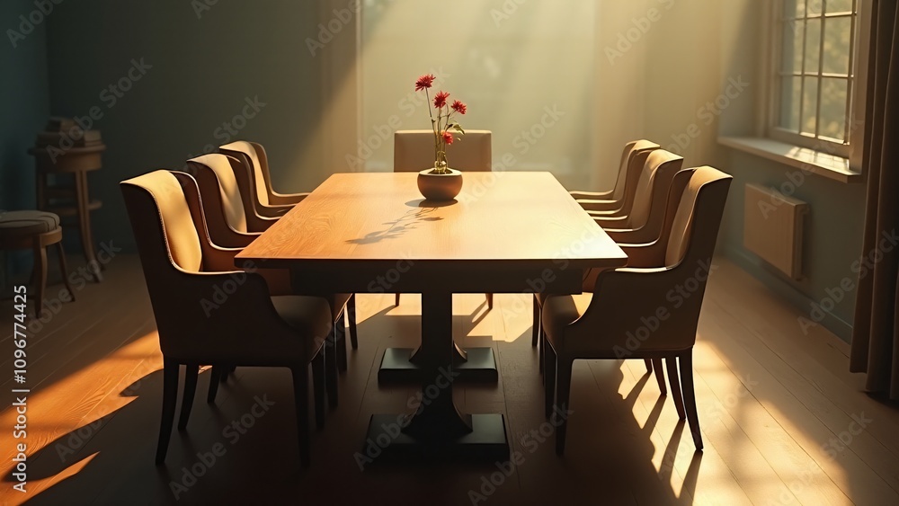 Poster a table surrounded by chairs of various designs and sizes, equally positioned, symbolizing inclusivi